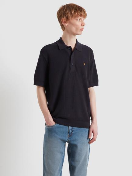 Farah Cotton Loose Fit Short Sleeve Textured Polo Shirt, True Navy
