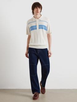 Farah Lambka Archive Cotton Blend Loose Fit Elbow length Polo Shirt, Ecru/Blue, Ecru/Blue