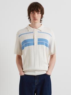 Farah Lambka Archive Cotton Blend Loose Fit Elbow length Polo Shirt, Ecru/Blue - view 2, Ecru/Blue