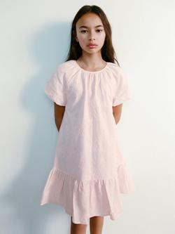 Mango Kids' Short Sleeve Floral Embroidered Cotton Dress, Pink, Pink