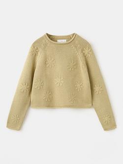 Mango Kids' Floral Cotton Knit Jumper, Olive, Olive