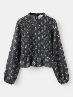 Mango Kids' Floral Print Peplum Hem Blouse, Navy, Navy