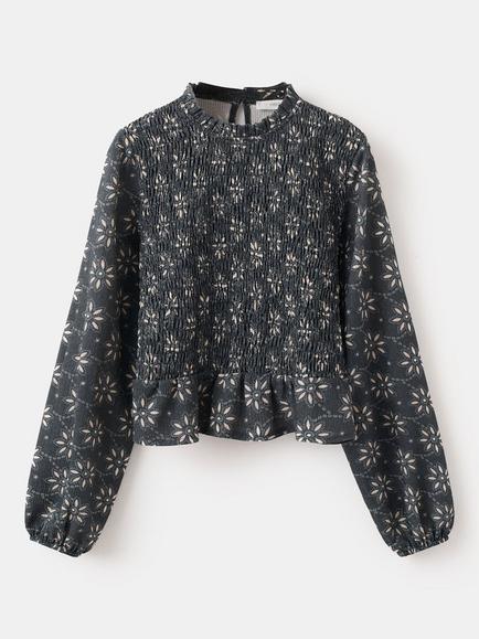 Mango Kids' Floral Print Peplum Hem Blouse, Navy, Navy