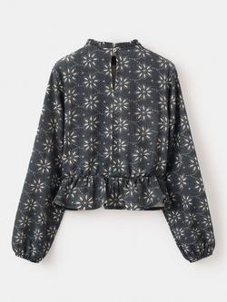 Mango Kids' Floral Print Peplum Hem Blouse, Navy - view 2, Navy