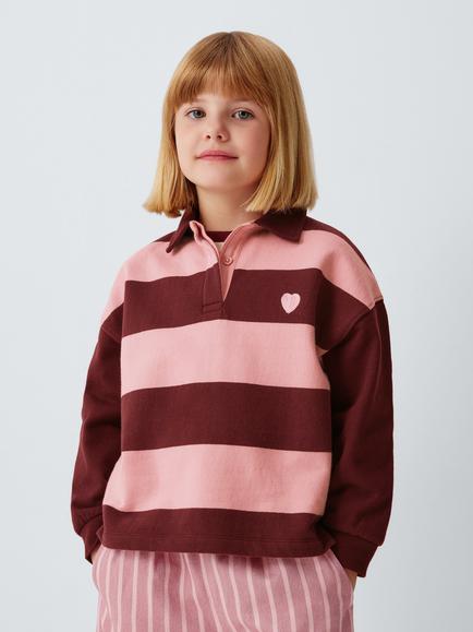 John Lewis Kids' Heart Embroidered Striped Rugby Shirt, Pink/Berry, Pink, Berry