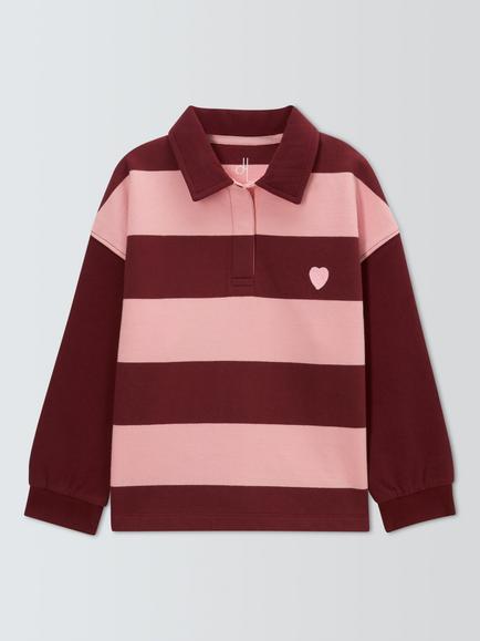 John Lewis Kids' Heart Embroidered Striped Rugby Shirt, Pink/Berry, Pink, Berry