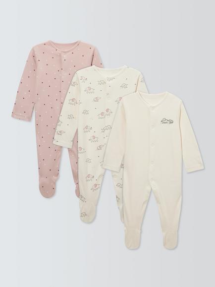 John Lewis Baby Elephant Sleepsuits, Pack of 3, Pink, Pink
