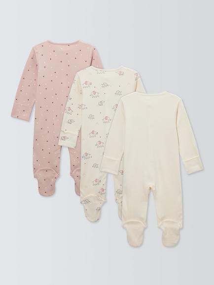 John Lewis Baby Elephant Sleepsuits, Pack of 3, Pink - view 2, Pink