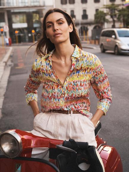 NRBY Opal Watercolour Splash Pure Silk Shirt, Yellow/Multi, Yellow/Multi