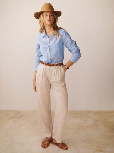 NRBY Peyton Pleated Pure Linen Trousers, Oyster