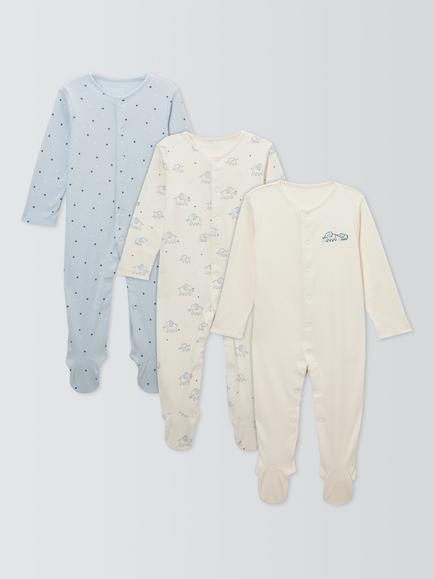 John Lewis Baby Elephant Sleepsuits, Pack of 3, Blue, Blue