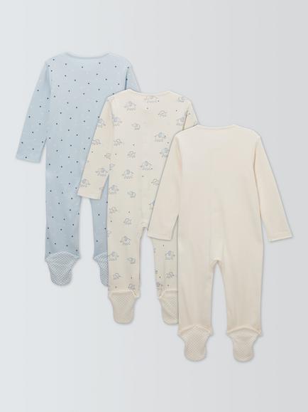 John Lewis Baby Elephant Sleepsuits, Pack of 3, Blue - view 2, Blue