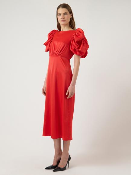 YAS Pella Puff Sleeve Midi Dress, Red, Red