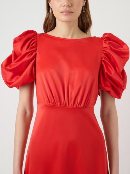YAS Pella Puff Sleeve Midi Dress, Red - view 2, Red
