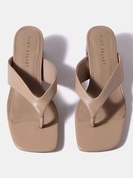 Mint Velvet Millie Leather Flip Flop Block Heel Sandals , Natural Brown - view 2, Natural Brown