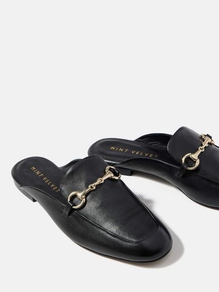 Mint Velvet Faye Leather Backless Loafers, Black - view 2, Black
