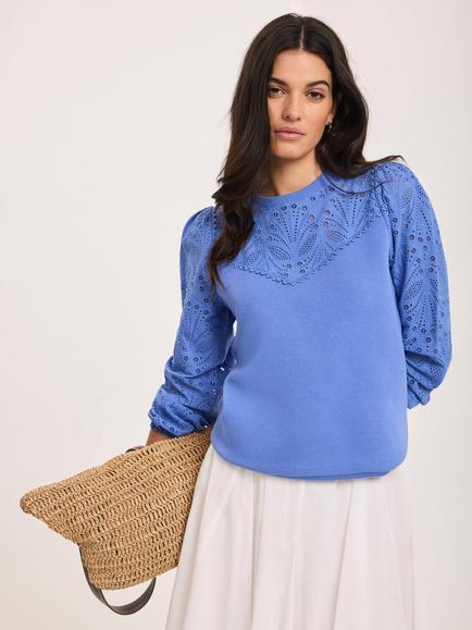 Mint Velvet Crew Neck Broderie Anglaise Sweatshirt, Blue, Blue
