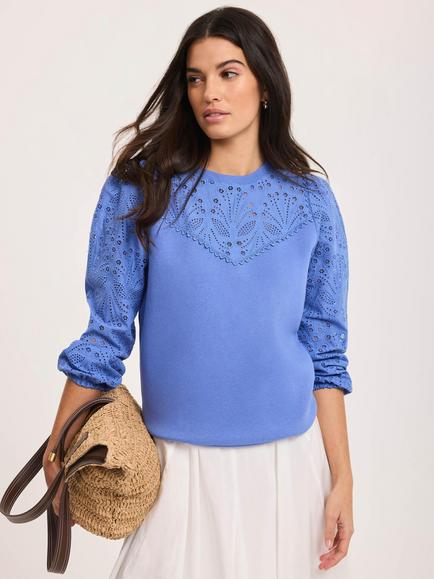 Mint Velvet Crew Neck Broderie Anglaise Sweatshirt, Blue - view 2, Blue