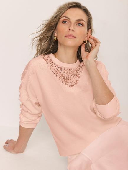 Mint Velvet Crew Neck Lace Detail Sweatshirt, Light Pink - view 2, Light Pink