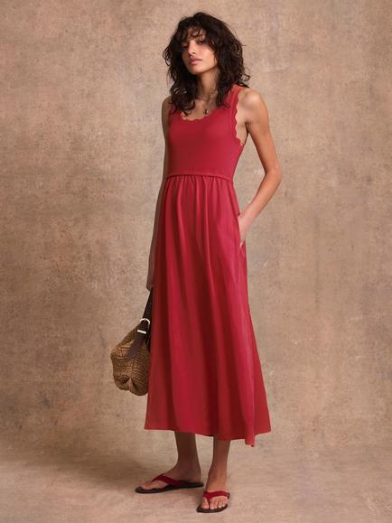 Mint Velvet Scoop Neck Scallop Detail Midi Dress, Red, Red