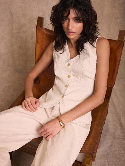 Mint Velvet Denim Diamond Detail Waistcoat, White Ivory - view 2, White Ivory