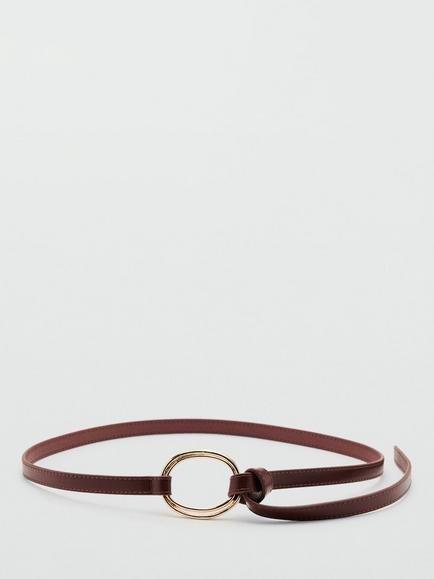 Mango Circular Buckle Slim Belt, Brown, Brown