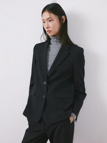 Mango Pinstripe Single Breasted Blazer, Marine, Marine