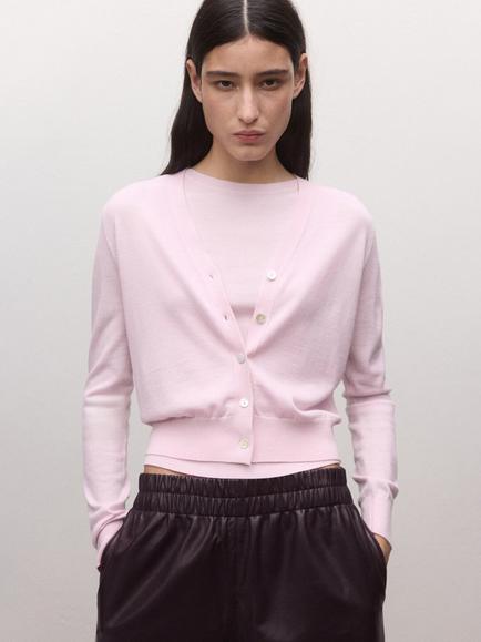 Mango V-Neck Pure Wool Cardigan, Pink, Pink