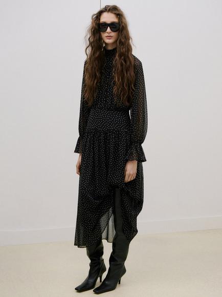 Mango High Neck Polka Dot Midi Dress, Black, Black