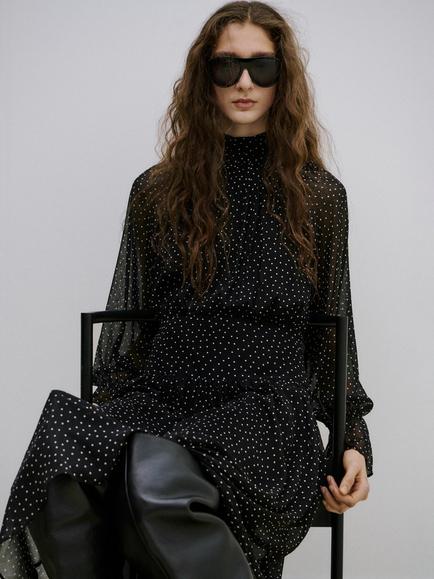 Mango High Neck Polka Dot Midi Dress, Black - view 2, Black