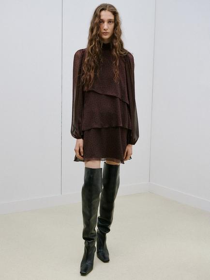 Mango High Neck Polka Dot Layered Mini Dress, Brown, Brown