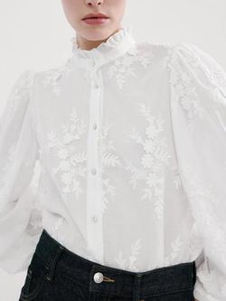 Mango High Neck Embroidered Puff Sleeve Shirt, Off White - view 2, Off White