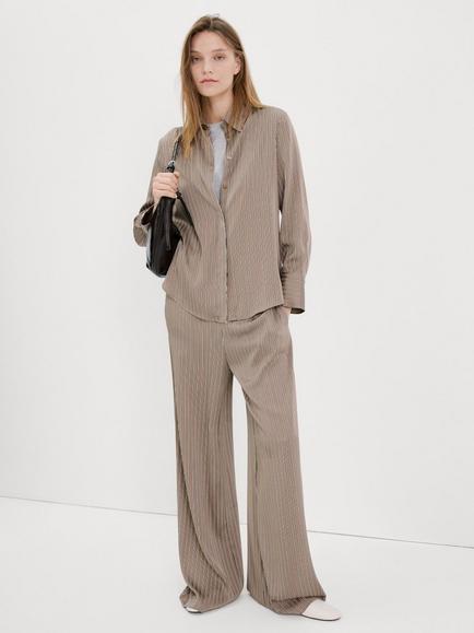 Mango Stripe Satin Longline Shirt, Taupe, Taupe