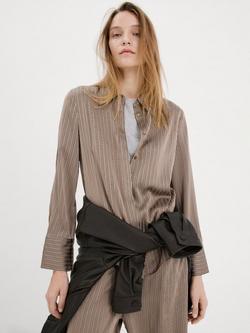 Mango Stripe Satin Longline Shirt, Taupe - view 2, Taupe