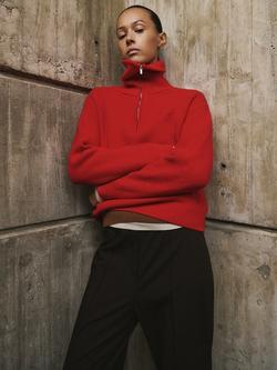 Mango Zip Neck Ribbed Sweatshirt, Red, Red