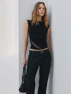 Mango Sculpted Lace Insert Crop Top, Black