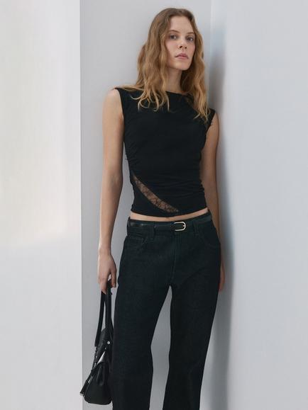 Mango Sculpted Lace Insert Crop Top, Black