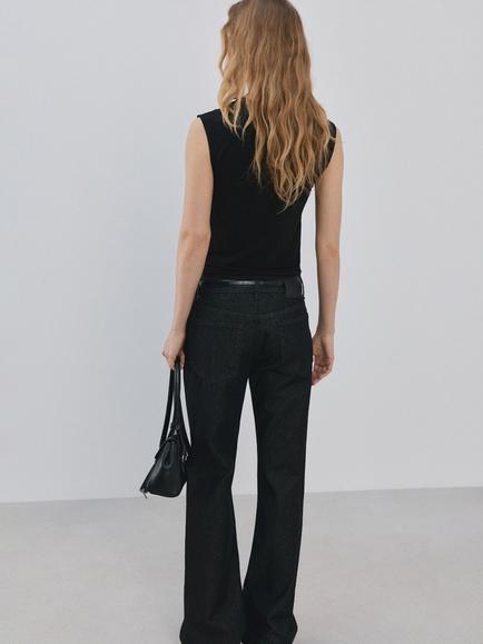 Mango Sculpted Lace Insert Crop Top - view 2, Black
