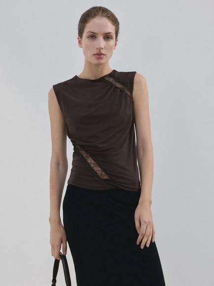 Mango Sculpted Lace Insert Crop Top, Brown