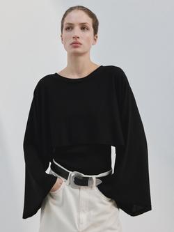 Mango Round Neck Cape Top, Black, Black