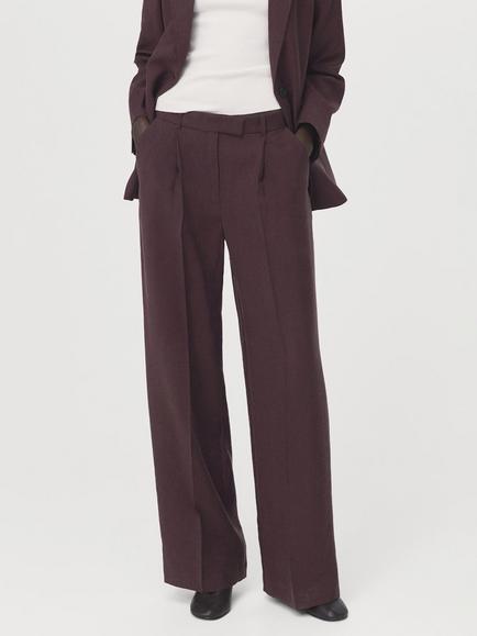 Mango Low Rise Pleated Wide Leg Trousers, Plum, Plum