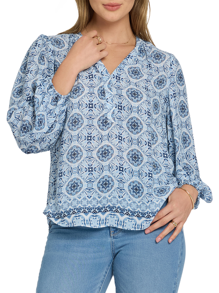 NYDJ Geometric Puff Sleeve Top, Azure Sky, Azure Sky