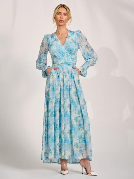 light blue long sleeve dress Midi Cotton with Voluminous Sleeves and Sweetheart Neckline so please allow us 3 Sky Blue Long Chiffon Prom