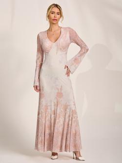 Jolie Moi Floral Godet Mesh Maxi Dress, Taupe