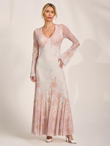 Jolie Moi Floral Godet Mesh Maxi Dress, Taupe