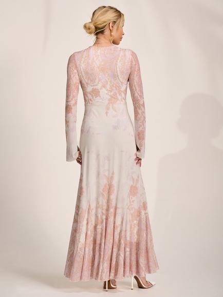 Jolie Moi Floral Godet Mesh Maxi Dress - view 2, Taupe