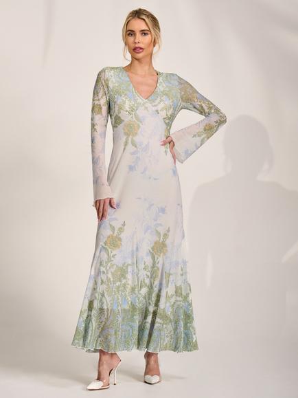 Jolie Moi Floral Godet Mesh Maxi Dress, Green