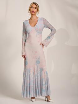 Jolie Moi Godet Mesh Maxi Dress, Blue/Multi, Blue/Multi