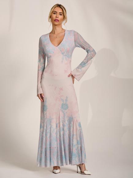 Jolie Moi Godet Mesh Maxi Dress, Blue/Multi, Blue/Multi