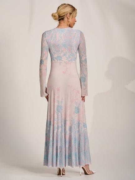 Jolie Moi Godet Mesh Maxi Dress, Blue/Multi - view 2, Blue/Multi
